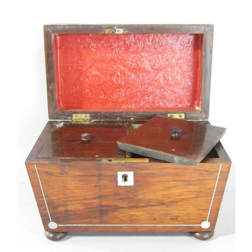 1556 - A 19th century rosewood sarcophagus tea caddy inlaid with mother of pearl and a mahogany lazy susan ... 