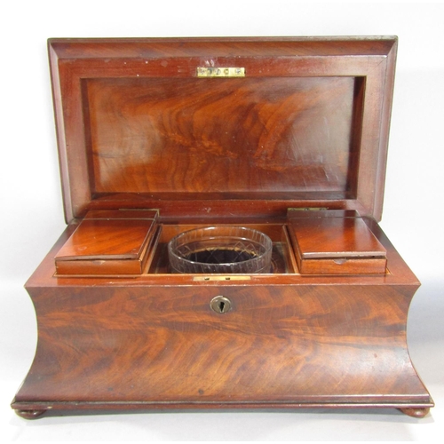 1565 - A 19th century mahogany sarcophagus tea caddy with original caddys  and a mixing bowl, 37cm w x 20cm... 