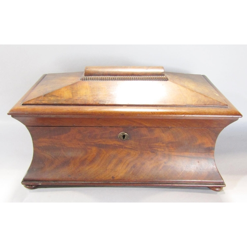 1565 - A 19th century mahogany sarcophagus tea caddy with original caddys  and a mixing bowl, 37cm w x 20cm... 