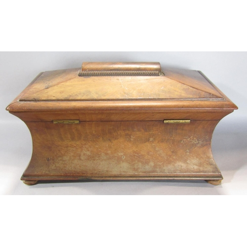 1565 - A 19th century mahogany sarcophagus tea caddy with original caddys  and a mixing bowl, 37cm w x 20cm... 