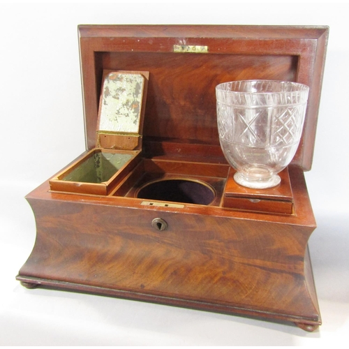 1565 - A 19th century mahogany sarcophagus tea caddy with original caddys  and a mixing bowl, 37cm w x 20cm... 