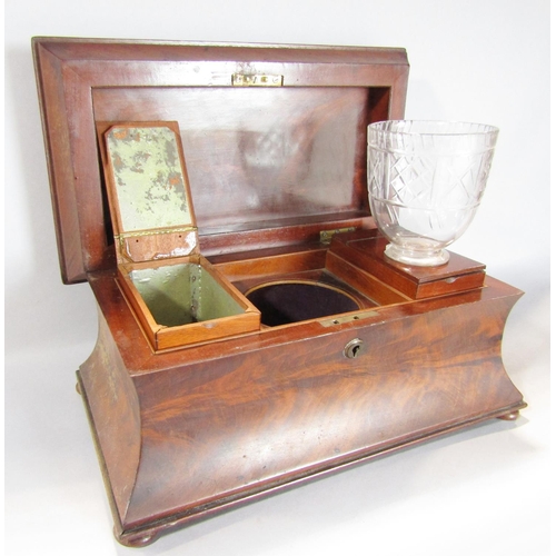 1565 - A 19th century mahogany sarcophagus tea caddy with original caddys  and a mixing bowl, 37cm w x 20cm... 