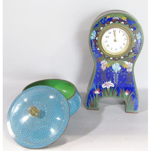 1569 - An Art Deco style cloisonné mantel clock, 20cm tall and a blue fish scale pattern cloisonné trinket ... 