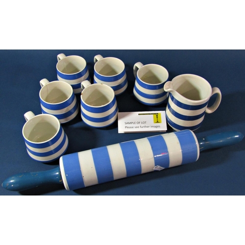 1105 - A collection of T.G. Green and other blue and white banded Cornish ware to include storage jar, flou... 