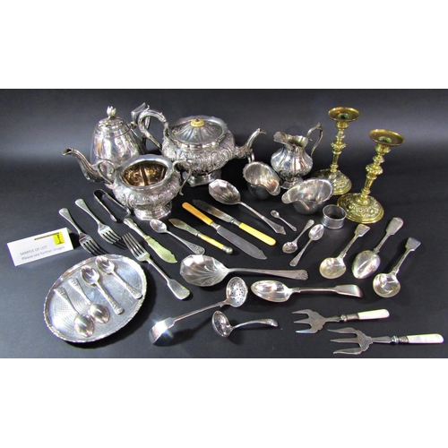 1184 - A silver plated three piece tea service, a pair of Georgian style sauce boats, a cased set of fish k... 