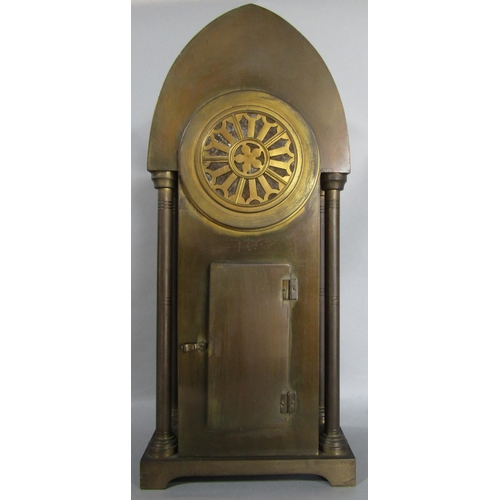 1394 - An art nouveau clock garniture in a hammered metallic finish, the clock with eight day striking move... 