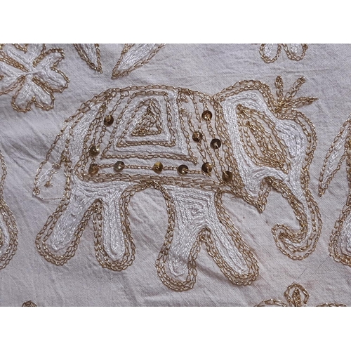 1629 - Large Indian wall hanging / throw / bed spread with elephants and figures embroidered in gold chain ... 