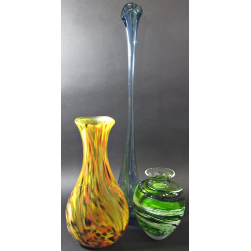 1133 - A very tall slender Murano two tone blue and green glass vase, 73cm tall, a yellow flecked glass vas... 