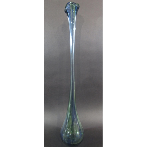 1133 - A very tall slender Murano two tone blue and green glass vase, 73cm tall, a yellow flecked glass vas... 