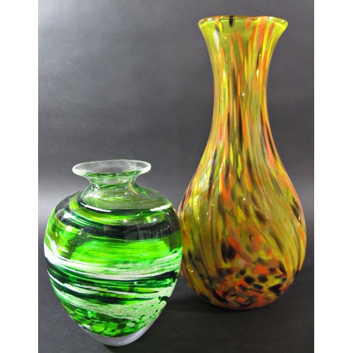 1133 - A very tall slender Murano two tone blue and green glass vase, 73cm tall, a yellow flecked glass vas... 