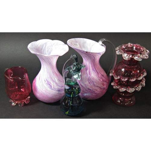 1136 - A mixed selection of glassware including two matching pink Alum glass jug and vase, a glass horse he... 