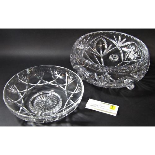 1142 - A late 20th century cut glass punch bowl on scrolled supports, 26cm diam, a smaller fruit bowl, a gl... 