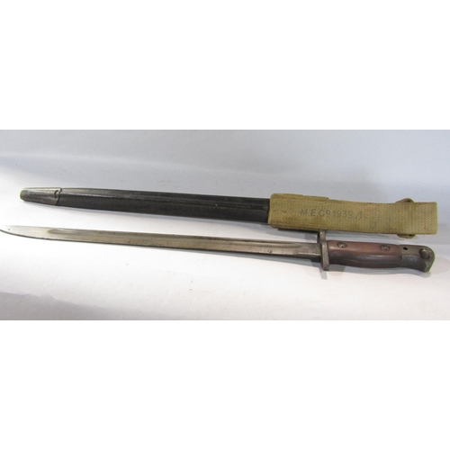 1573 - 1821 British heavy cavalry troopers sword, an early 20th century Wilkinson bayonet with leather scab... 