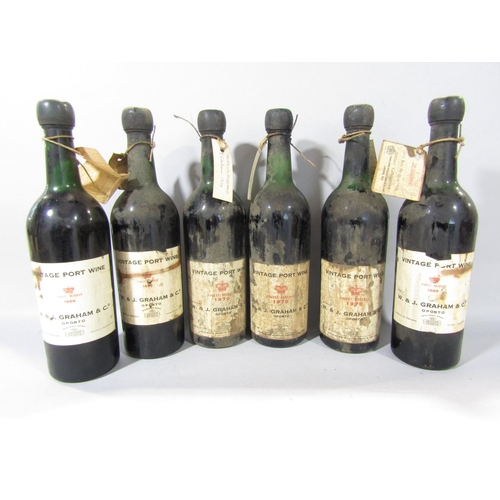 1593 - Six bottles of Graham & Co vintage port wine comprising three bottles of 1966 Finest Reserve and thr... 