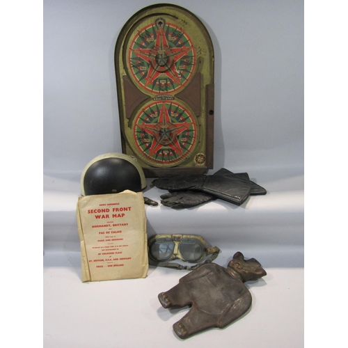 1595 - Lindstrom's gold star tin plate bagatelle board, a vintage motorcycle helmet, pair of vintage goggle... 