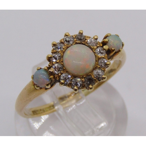 1282 - Edwardian 18ct opal and diamond cluster ring, size M/N, 3.2g