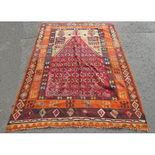 1705 - A North African Kilim Prayer Mat with three concentric geometric borders, 210cm x 140cm approx.