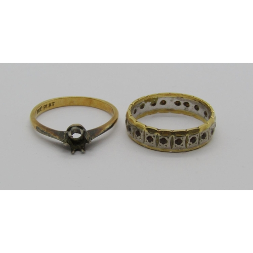 1379 - 18ct eternity ring, 3.8g and an 18ct solitaire ring (lacking stone), both size O, 2.3g