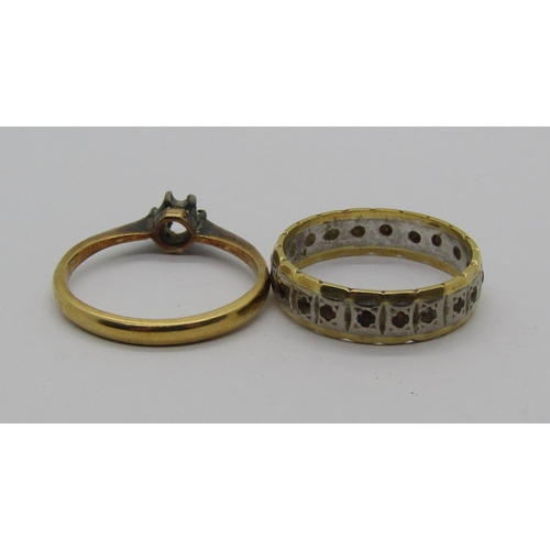 1379 - 18ct eternity ring, 3.8g and an 18ct solitaire ring (lacking stone), both size O, 2.3g