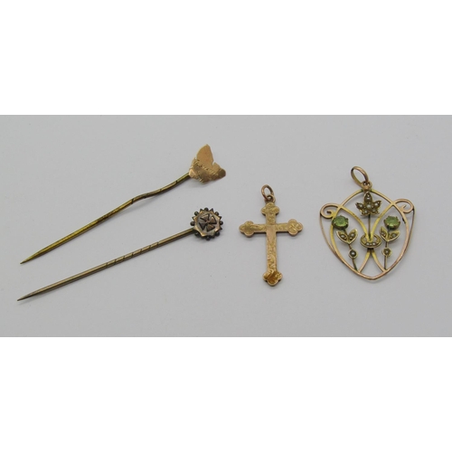 1380 - Mixed group of antique gold jewellery; 9ct ‘Tasmania’ stick pin, 15ct Maltese cross stick pin, 9ct c... 