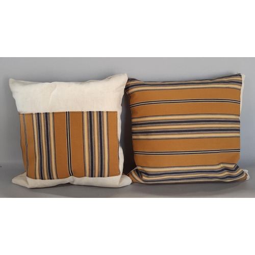 1612A - 6 cushions in striped ticking fabric together with heavyweight cotton cloths dyed in various shades