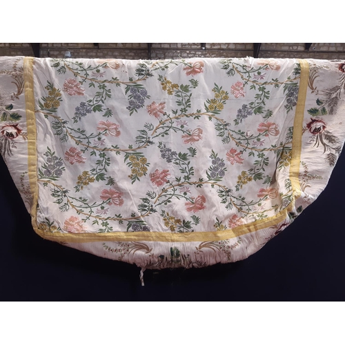 1653 - Antique silk panel, possibly an 18th century cover for a centre stool as it is shaped on 3 sides; th... 