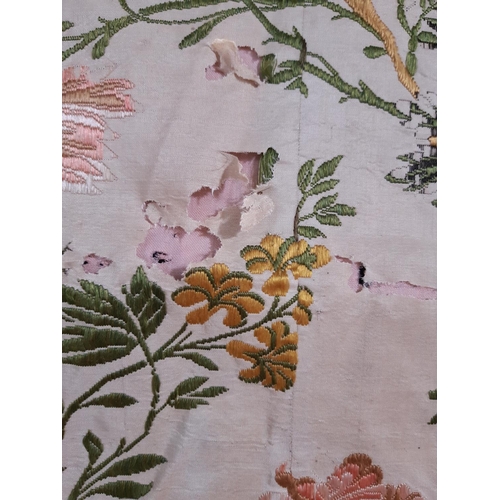 1653 - Antique silk panel, possibly an 18th century cover for a centre stool as it is shaped on 3 sides; th... 