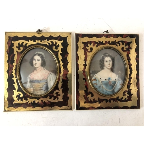 111 - Two miniature portraits of ladies in tortoiseshell and brass frames with ivorine edges, hand-embelli... 