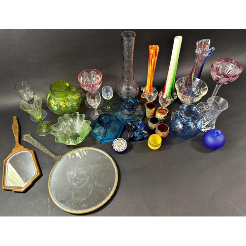 1147 - A mixed selection of glassware including a pair of Art Deco squat hexagonal blue candlesticks, Muran... 