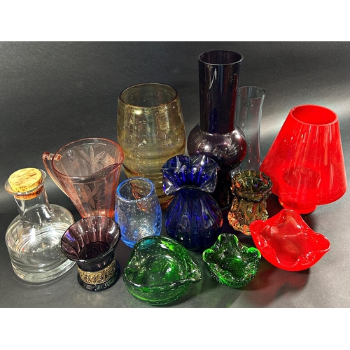 1168 - Thirteen examples of mid to late 20th century colourful glassware including vases, decanter jug and ... 