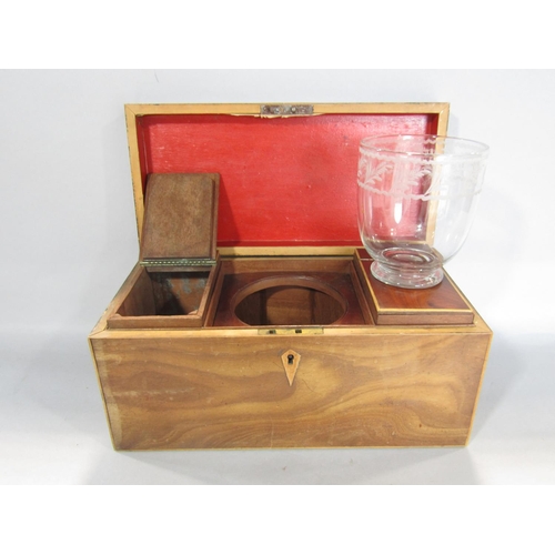 1602 - A Georgian mahogany tea caddy, the interior fitted with two compartments and original etched glass b... 