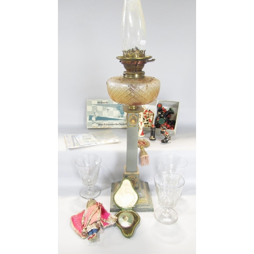 1603 - A late 19th century column oil lamp with cut glass font and further brass fittings, together with th... 