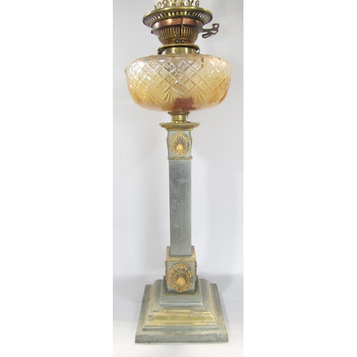 1603 - A late 19th century column oil lamp with cut glass font and further brass fittings, together with th... 