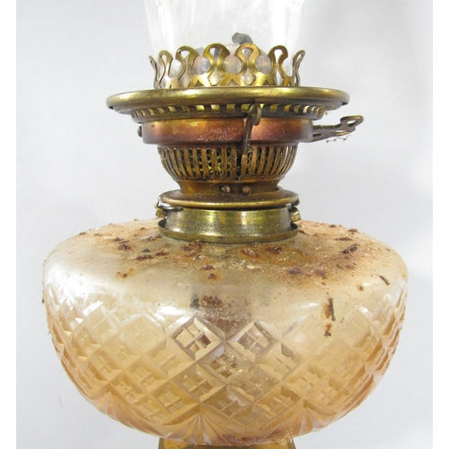 1603 - A late 19th century column oil lamp with cut glass font and further brass fittings, together with th... 