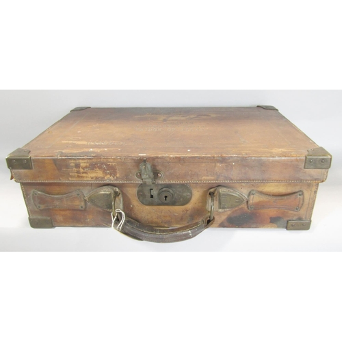 1604 - Late 19th century leather bound oak lined shot gun cartridge case with brass fittings, the top stamp... 