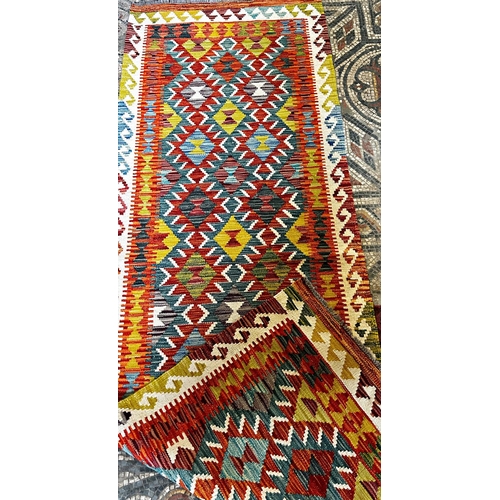 1665 - Chobi Kilim Runner with bright diamond and chevron geometric pattern 248cm x 84cm approx.