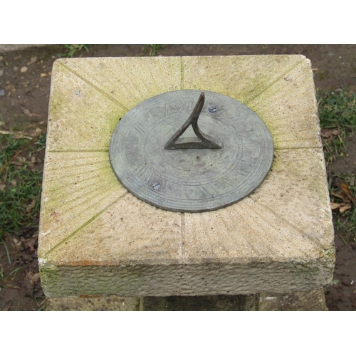 2032 - Garden sundial set on a square composition stone top and base with rough hewn effect 50cm high