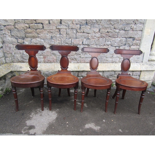 2682 - A set of four good Georgian mahogany hall chairs with oviform seats, slender backs and cameo shaped ... 