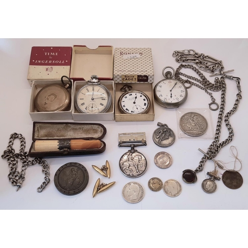 1428 - Pair of Edwardian 15ct cufflinks, 6.1g, an 1891 crown, a cheroot holder, a silver watch chain, furth... 