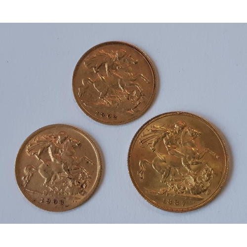 1435 - 1887 full sovereign and 2 half sovereigns, 1902 and 06 (3)