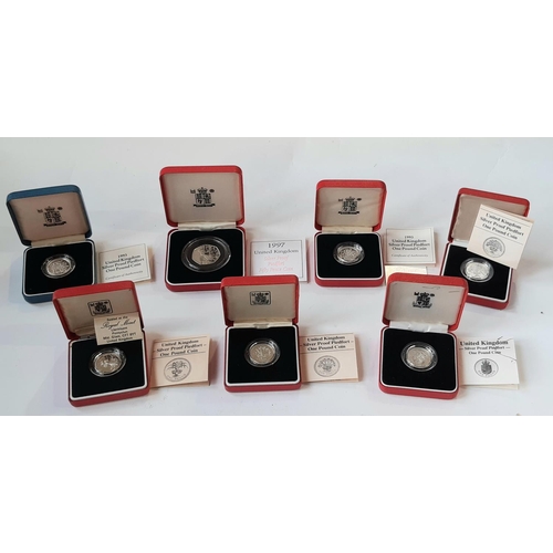 1441 - 1997 silver Piedfort proof £1 coins, 1985, 86, 7, 8, 1993 x 2, and 50p 1993, limited to 15,000 (7)