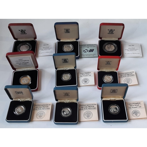 1442 - Silver proof coinage £2 1997 and 1986 £1, 3 x 1984, 1 x 1986, 1 x 1987, 2 x 50p 1994 (9)