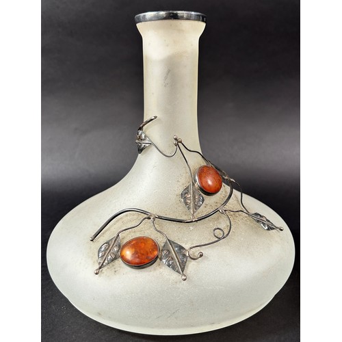 1173 - An early 20th century frosted glass flat bottomed decanter decorated with silver metal ivy and amber... 