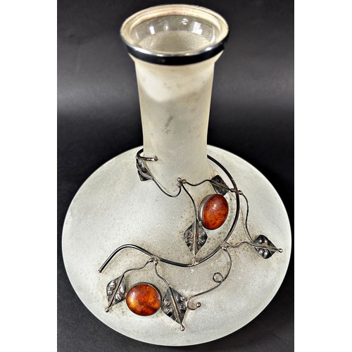 1173 - An early 20th century frosted glass flat bottomed decanter decorated with silver metal ivy and amber... 