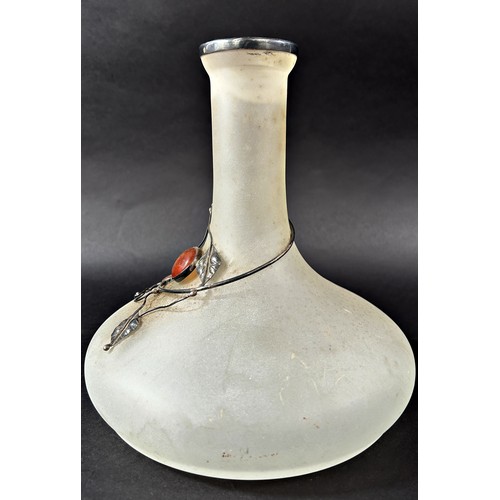 1173 - An early 20th century frosted glass flat bottomed decanter decorated with silver metal ivy and amber... 