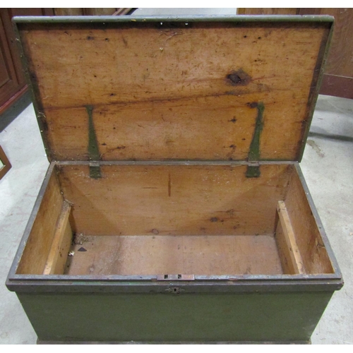 2149 - An antique pine box with hinged lid and painted finish, 93 cm wide x 52 cm deep x 47 cm high (af)