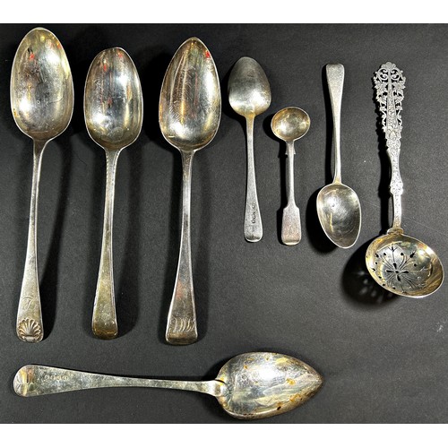 1195B - Four 19th century silver serving spoons of varying dates and makers, two teaspoons, a mustard spoon ... 