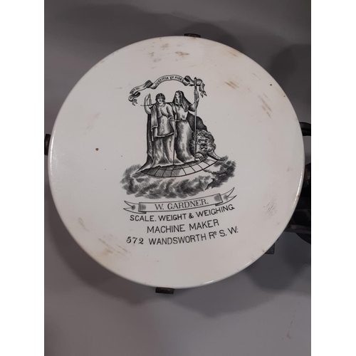 2137 - A cast iron kitchen scale with circular ceramic transfer printed tray together with a further Avery ... 