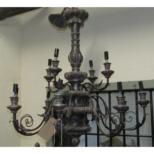 2060A - Two tier 12 branch chandeliers with acanthus leaf and other detail, 70cm high x 100cm wide approx