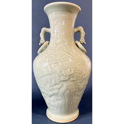 1053 - Large two handled Chinese celadon vase with prunus blossom and bamboo embossed decoration, and four ... 